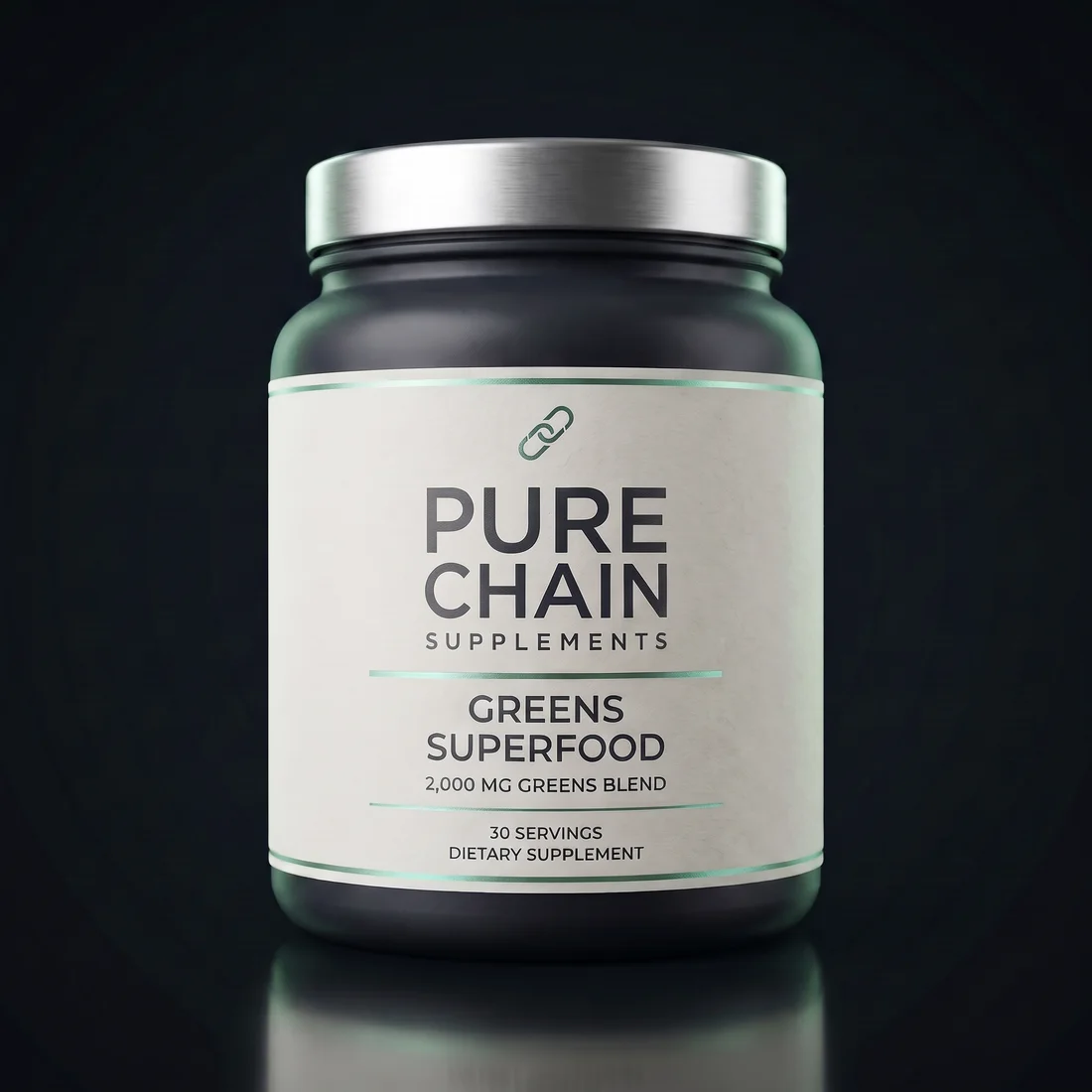 Greens Superfood by Pure Chain Supplements, three-quarter view