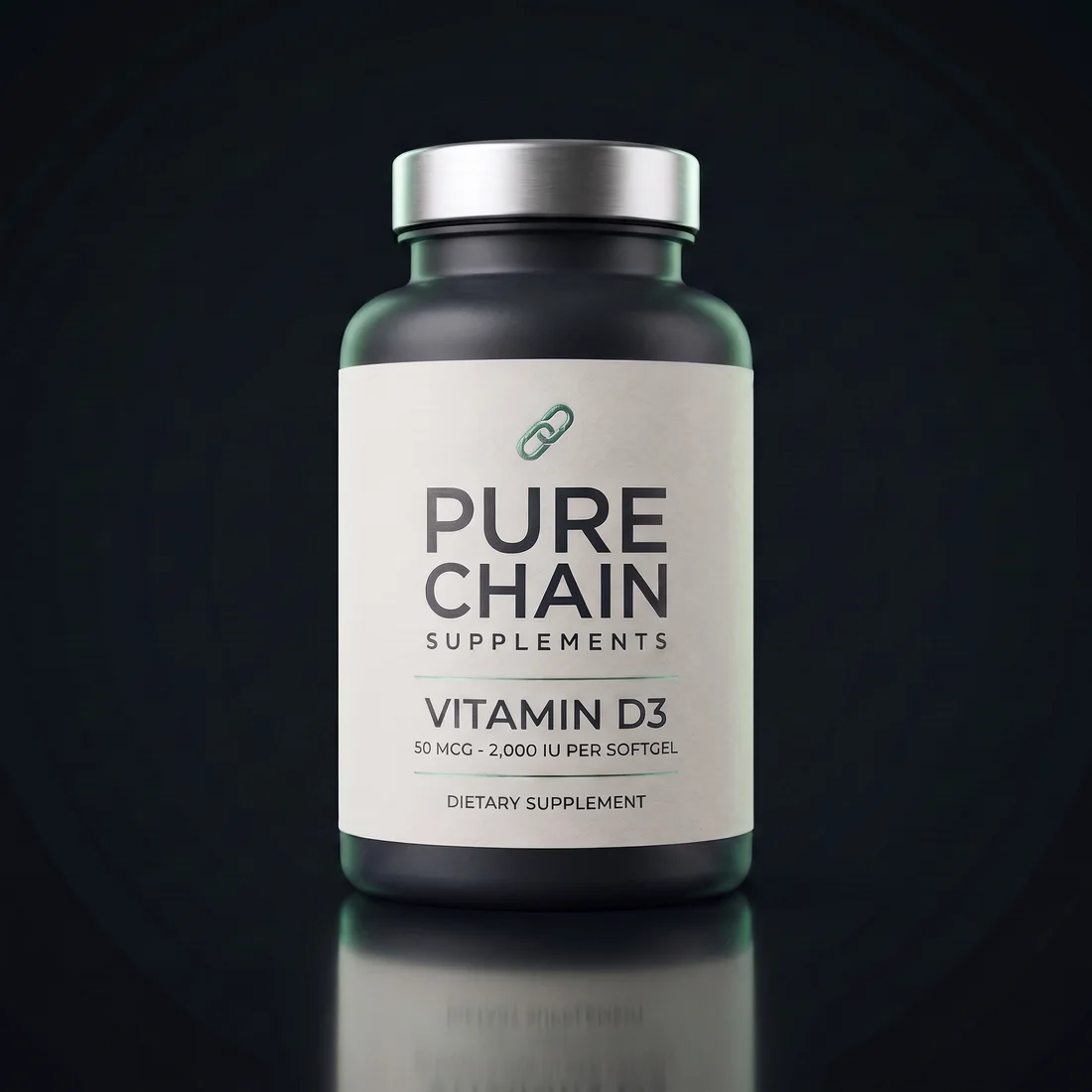 Vitamin D3 2000 IU by Pure Chain Supplements, three-quarter view